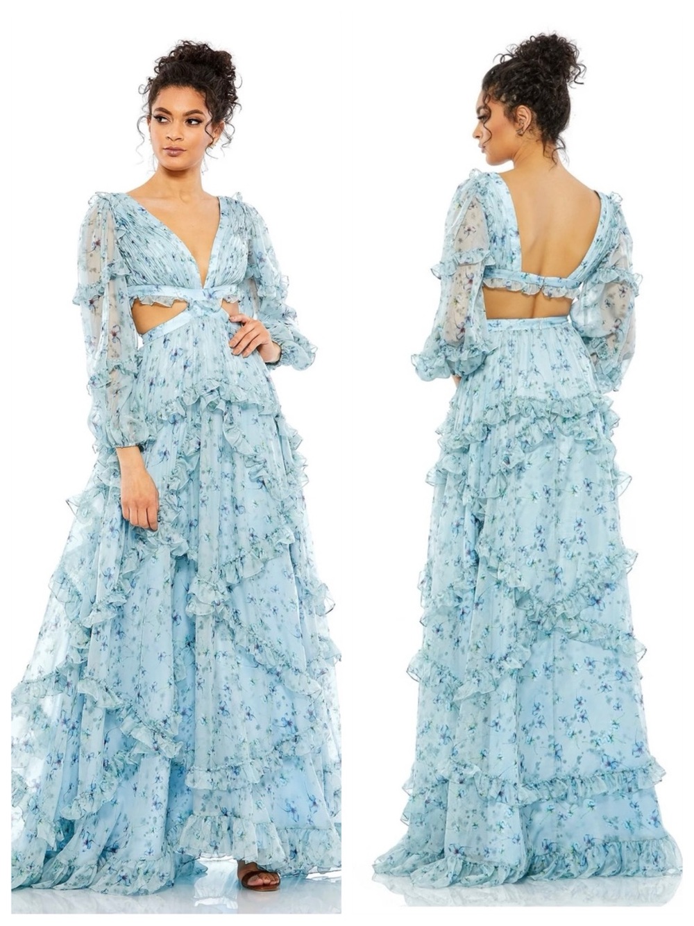 Mac Duggal | Blue Floral Ruffle Cutout Chiffon Maxi Gown Dress | Size 0 | NWT